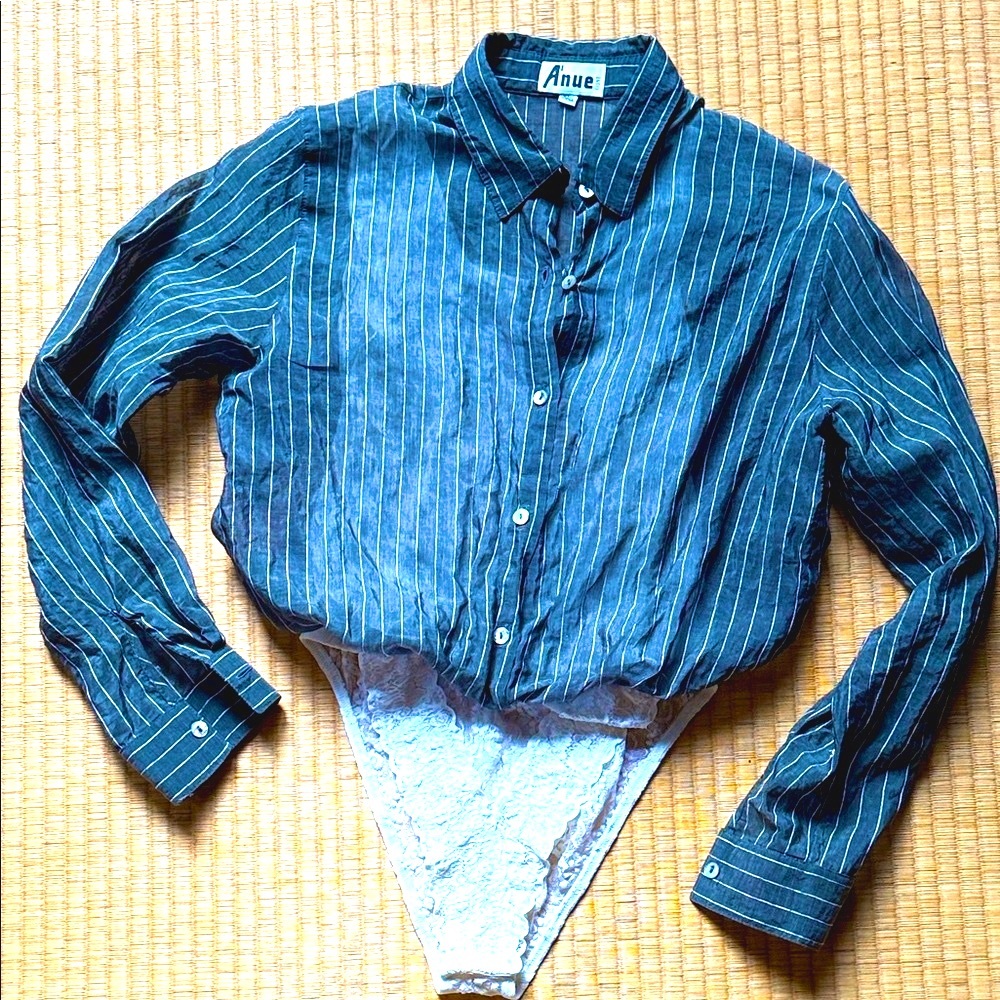 Anue Striped Dark Grey Button Down and Attatched White Bodysuit